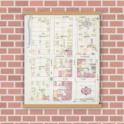 Old map wall art mockup — magnetic wood frame on brick wall — Sanborn Fire Insurance Map from Ann Arbor, Washtenaw County, Michigan (1892), Sheet #0004