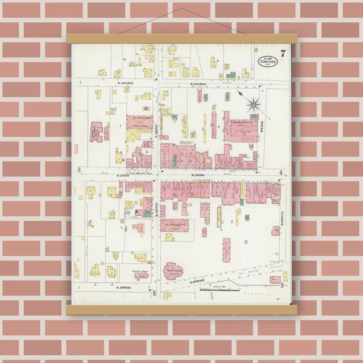 Old map wall art mockup — magnetic wood frame on brick wall — Sanborn Fire Insurance Map from Concord, Cabarrus County, North Carolina (1906), Sheet #0007