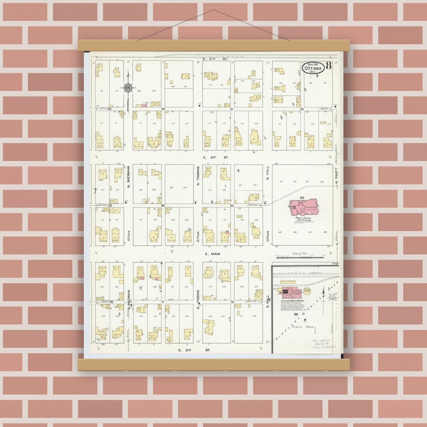 Old map wall art mockup — magnetic wood frame on brick wall — Sanborn Fire Insurance Map from Ottawa, Putnam County, Ohio (1911), Sheet #0008