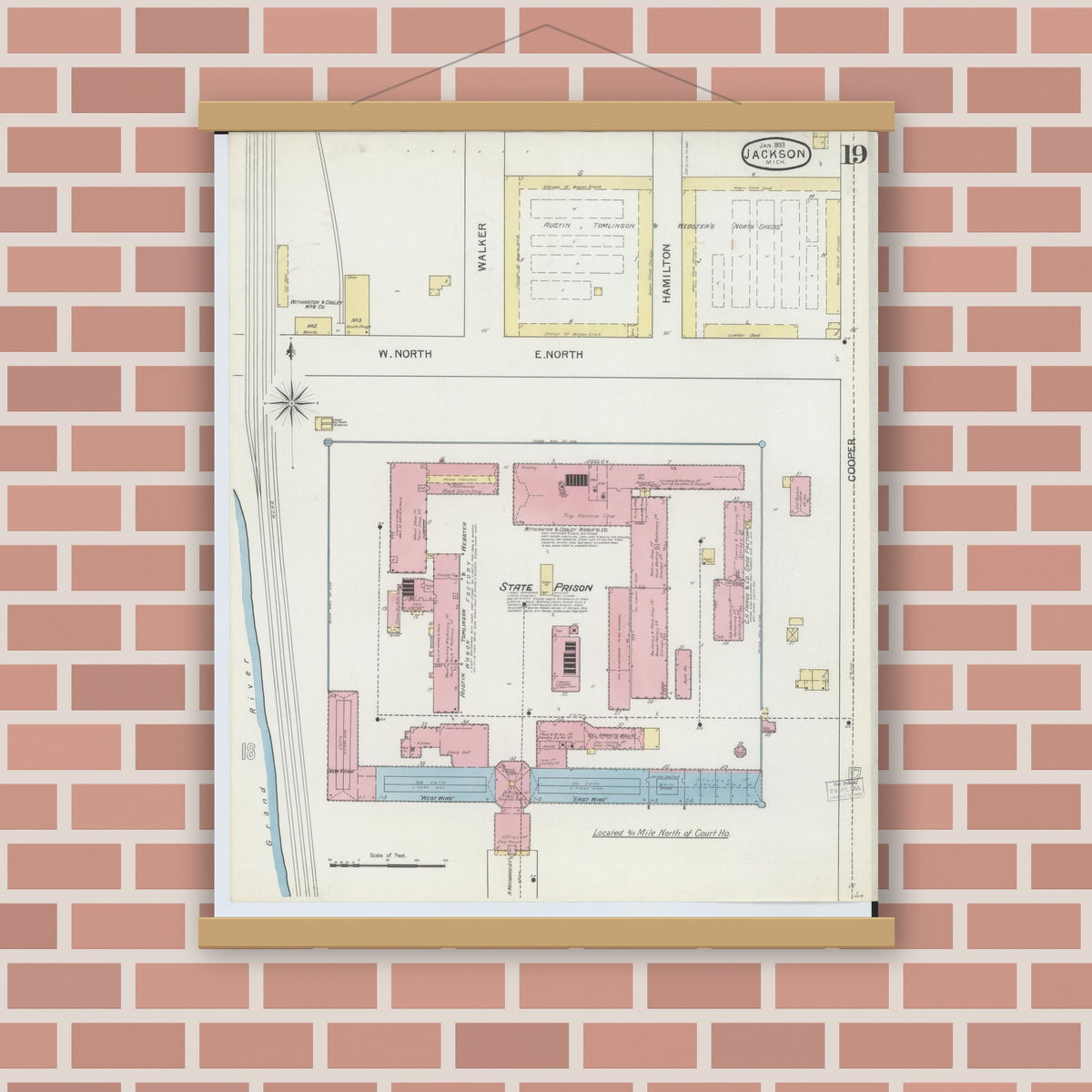 Old map wall art mockup — magnetic wood frame on brick wall — Sanborn Fire Insurance Map from Jackson, Jackson County, Michigan (1893), Sheet #0019