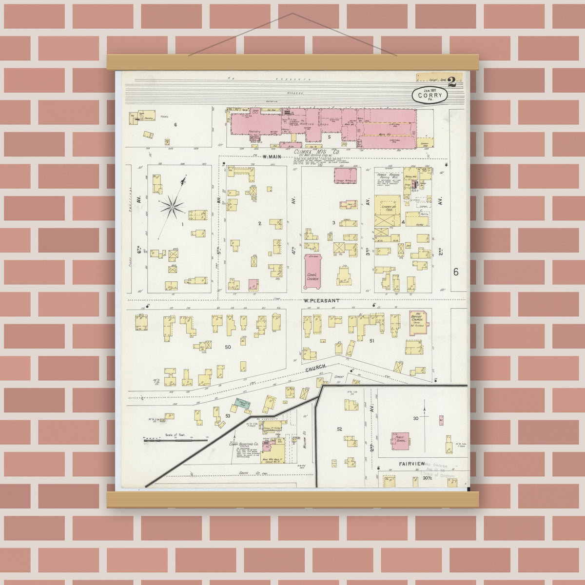 Old map wall art mockup — magnetic wood frame on brick wall — Sanborn Fire Insurance Map from Corry, Erie County, Pennsylvania (1897), Sheet #0002