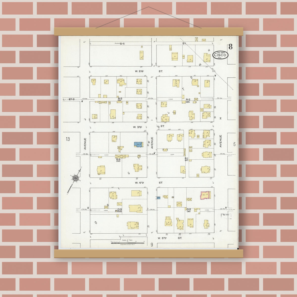 Old map wall art mockup — magnetic wood frame on brick wall — Sanborn Fire Insurance Map from Cisco, Eastland County, Texas (1920), Sheet #0008