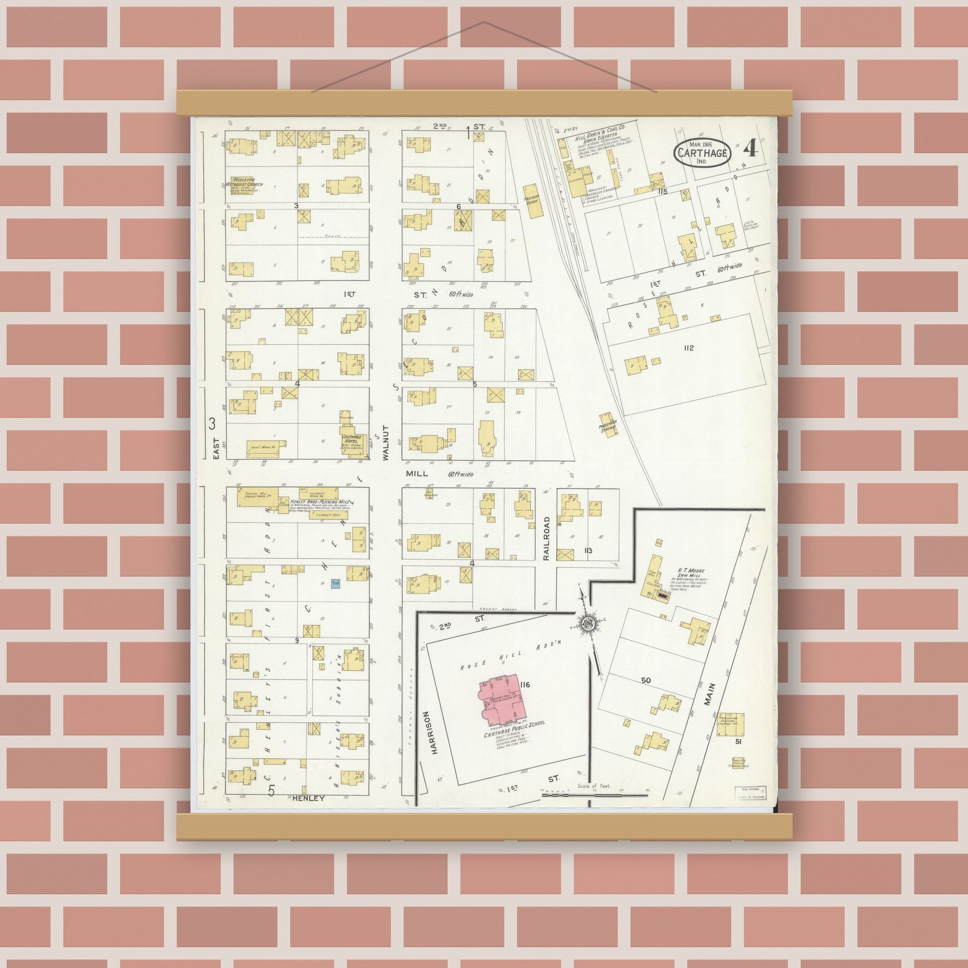 Old map wall art mockup — magnetic wood frame on brick wall — Sanborn Fire Insurance Map from Carthage, Rush County, Indiana (1916), Sheet #0004