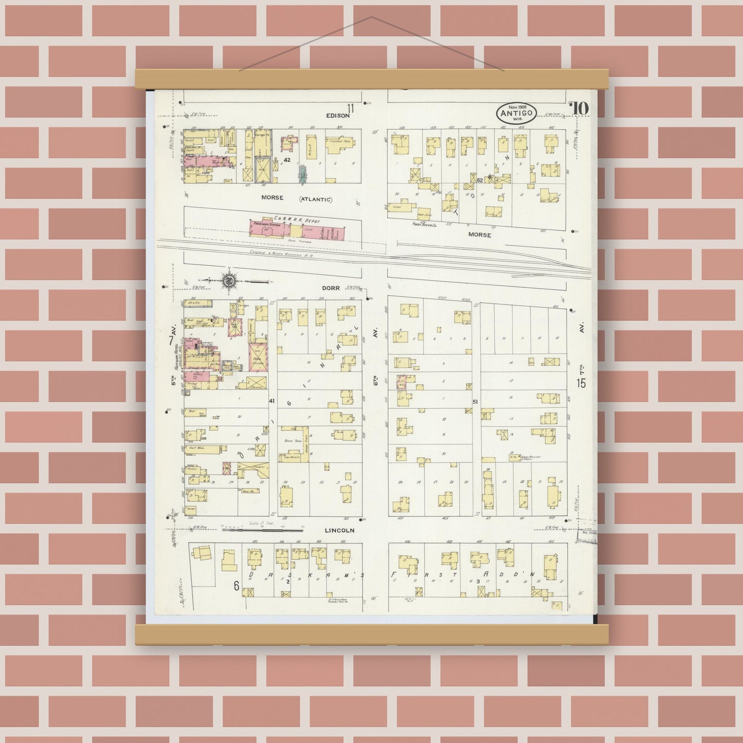 Old map wall art mockup — magnetic wood frame on brick wall — Sanborn Fire Insurance Map from Antigo, Langlade County, Wisconsin (1909), Sheet #0010