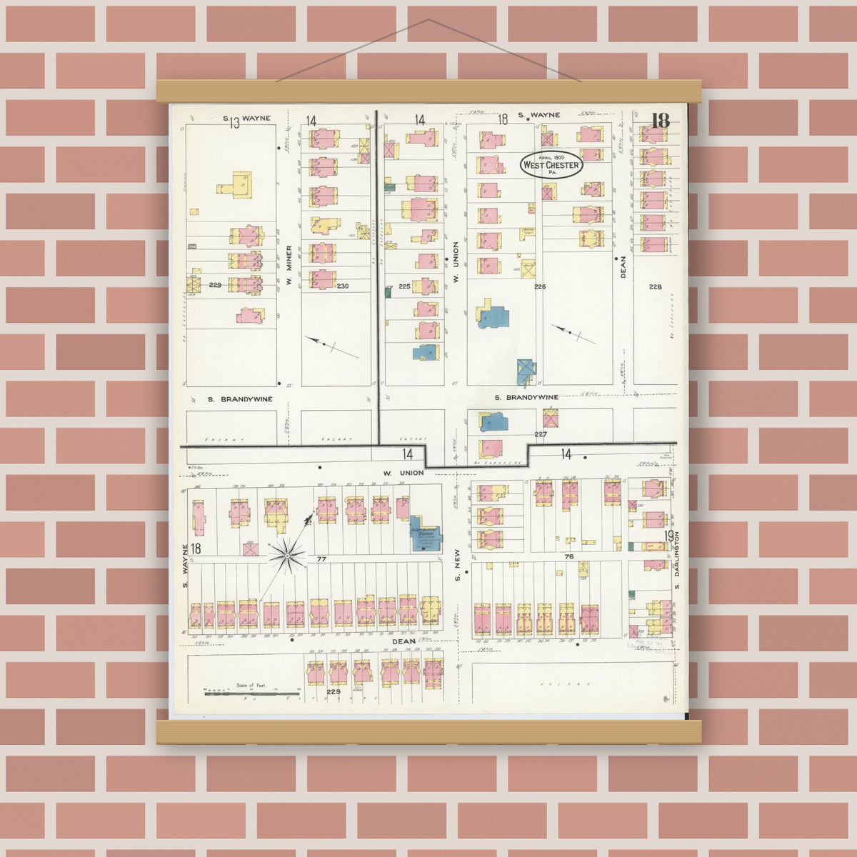 Old map wall art mockup — magnetic wood frame on brick wall — Sanborn Fire Insurance Map from West Chester, Chester County, Pennsylvania (1909), Sheet #0018