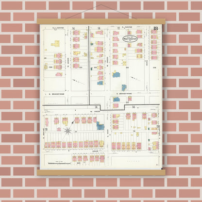 Old map wall art mockup — magnetic wood frame on brick wall — Sanborn Fire Insurance Map from West Chester, Chester County, Pennsylvania (1909), Sheet #0018