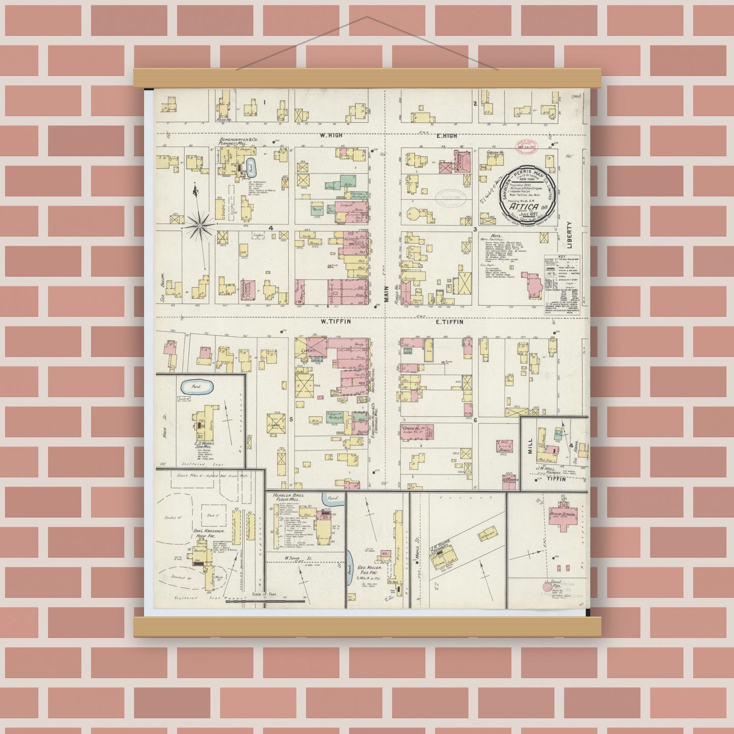 Old map wall art mockup — magnetic wood frame on brick wall — Sanborn Fire Insurance Map from Attica, Seneca County, Ohio (1897), Sheet #0001