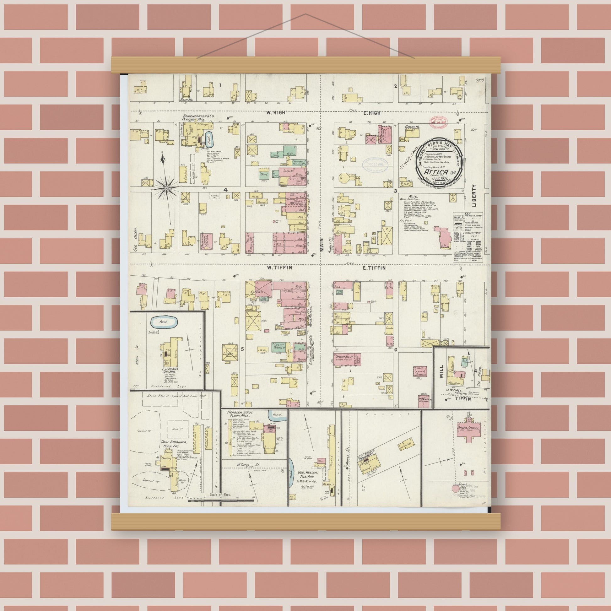 Old map wall art mockup — magnetic wood frame on brick wall — Sanborn Fire Insurance Map from Attica, Seneca County, Ohio (1897), Sheet #0001