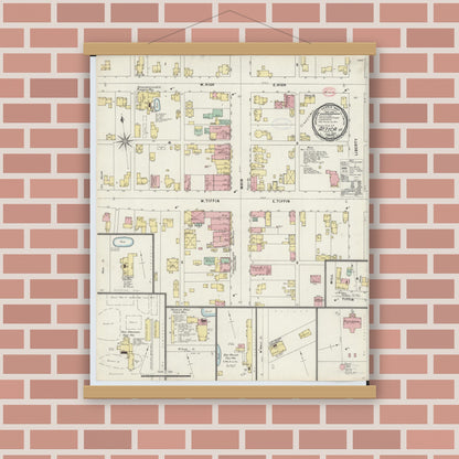 Old map wall art mockup — magnetic wood frame on brick wall — Sanborn Fire Insurance Map from Attica, Seneca County, Ohio (1897), Sheet #0001