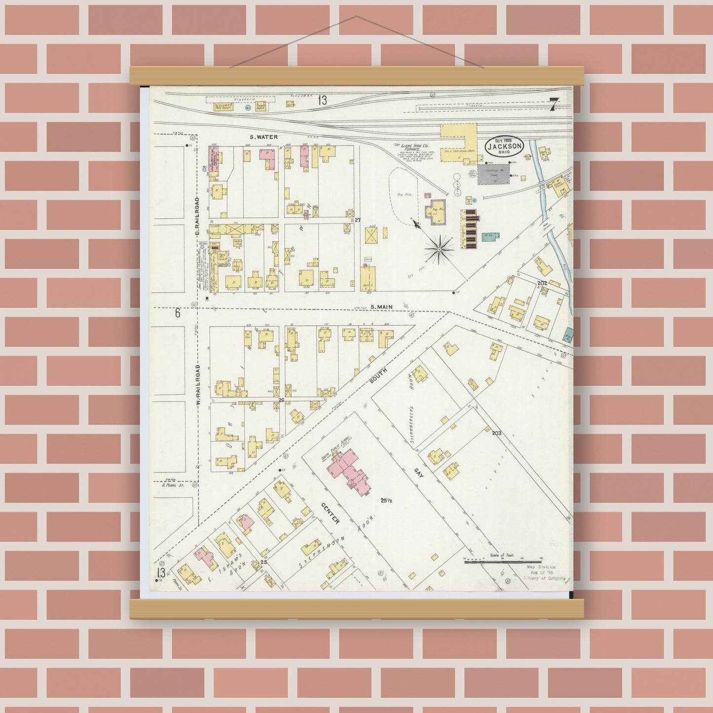 Old map wall art mockup — magnetic wood frame on brick wall — Sanborn Fire Insurance Map from Jackson, Jackson County, Ohio (1905), Sheet #0007