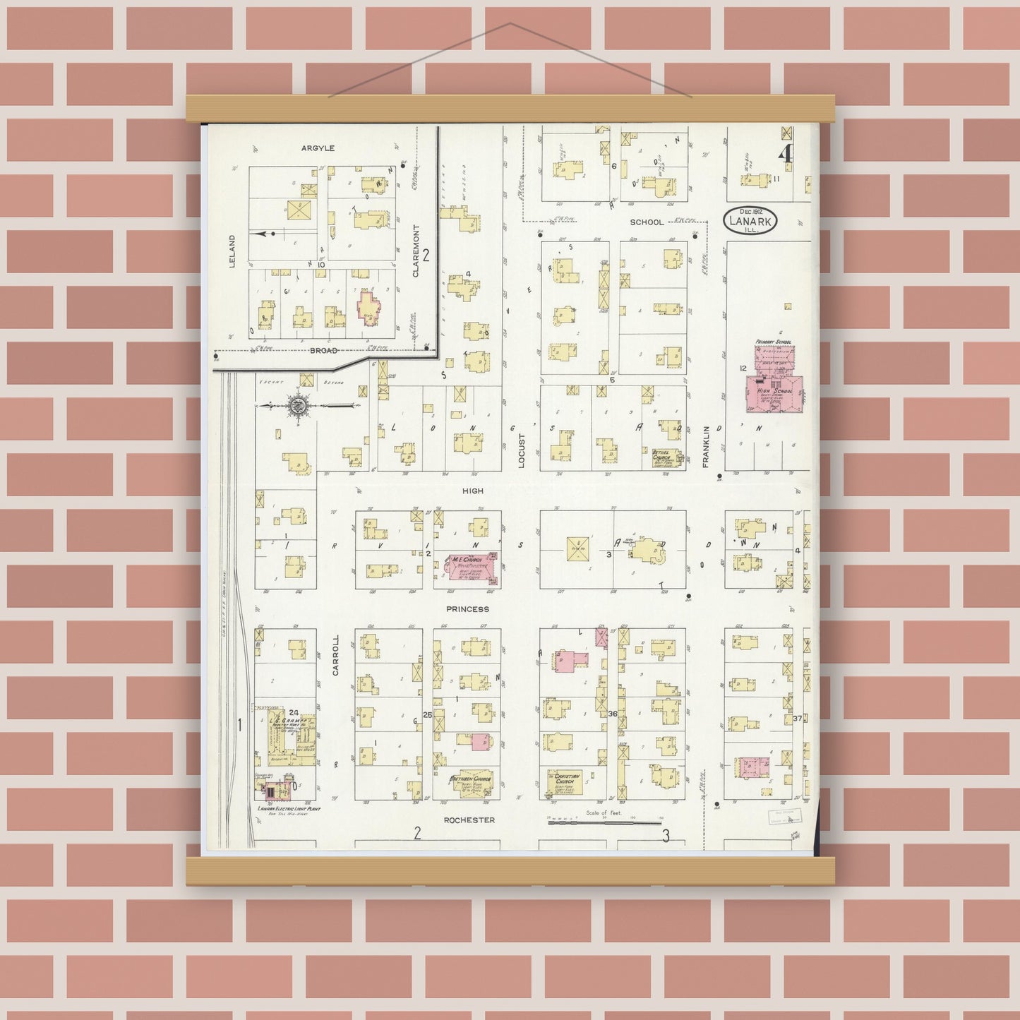 Old map wall art mockup — magnetic wood frame on brick wall — Sanborn Fire Insurance Map from Lanark, Carroll County, Illinois (1912), Sheet #0004
