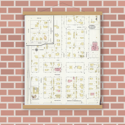 Old map wall art mockup — magnetic wood frame on brick wall — Sanborn Fire Insurance Map from Lanark, Carroll County, Illinois (1912), Sheet #0004