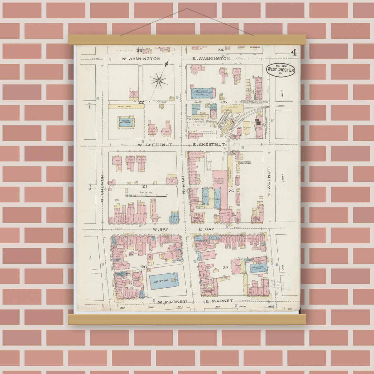Old map wall art mockup — magnetic wood frame on brick wall — Sanborn Fire Insurance Map from West Chester, Chester County, Pennsylvania (1886), Sheet #0004