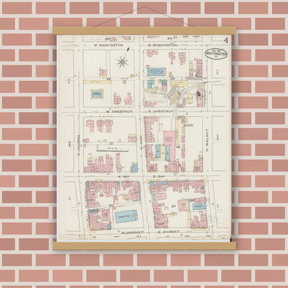 Old map wall art mockup — magnetic wood frame on brick wall — Sanborn Fire Insurance Map from West Chester, Chester County, Pennsylvania (1886), Sheet #0004