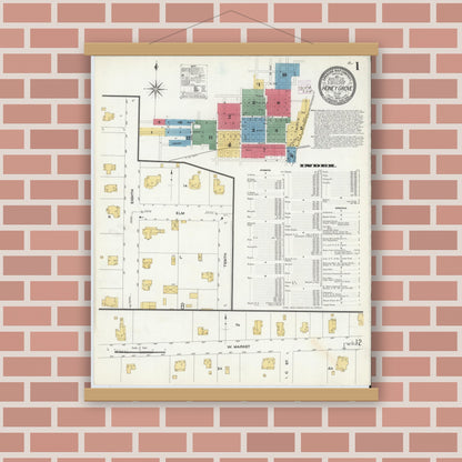 Old map wall art mockup — magnetic wood frame on brick wall — Sanborn Fire Insurance Map from Honey Grove, Fannin County, Texas (1909), Sheet #0001