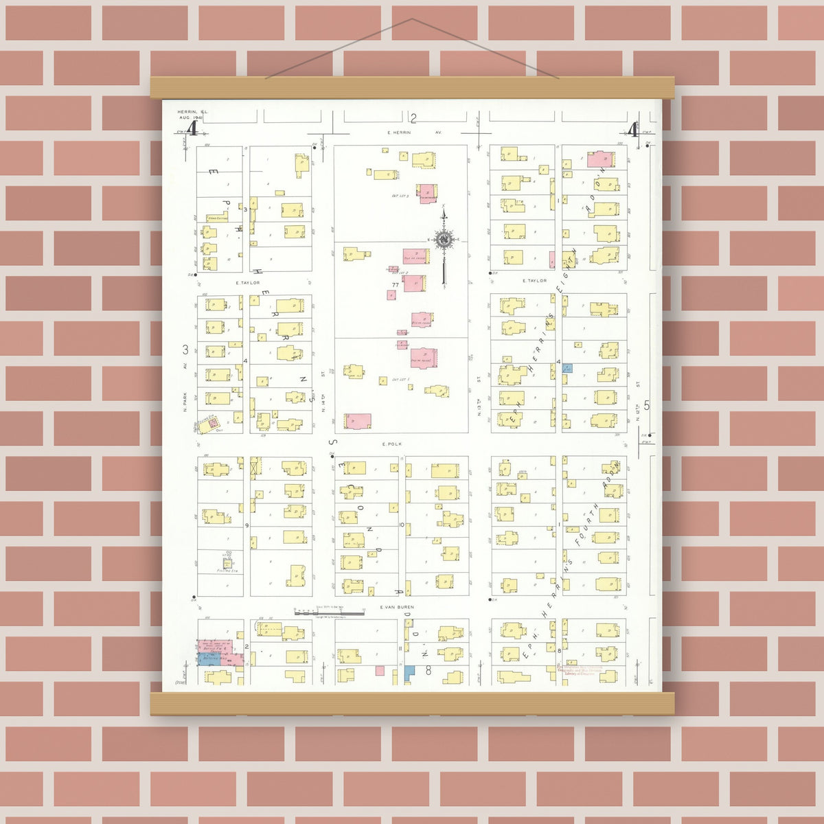 Old map wall art mockup — magnetic wood frame on brick wall — Sanborn Fire Insurance Map from Herrin, Williamson County, Illinois (1941), Sheet #0004