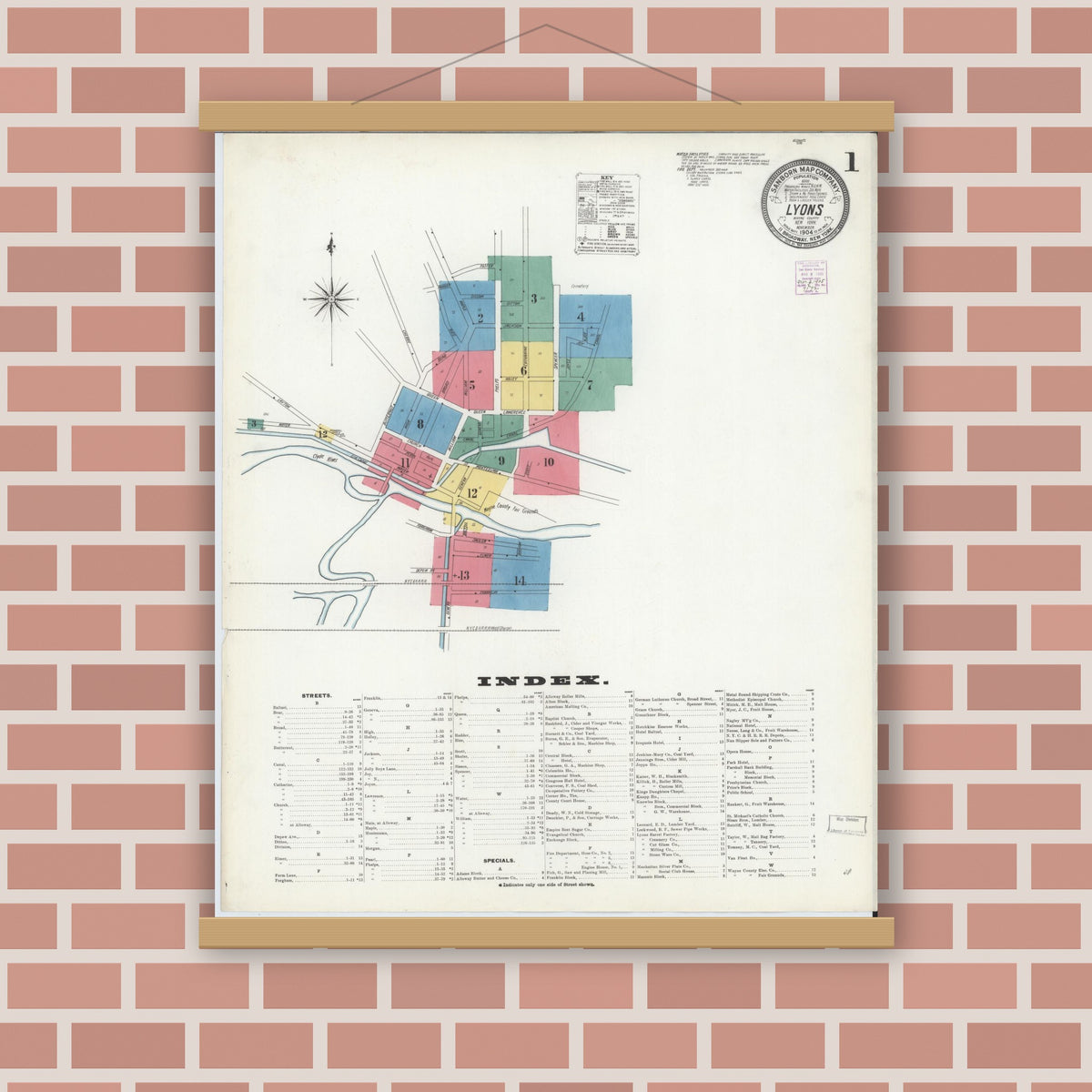 Old map wall art mockup — magnetic wood frame on brick wall — Sanborn Fire Insurance Map from Lyons, Wayne County, New York (1904), Sheet #0001