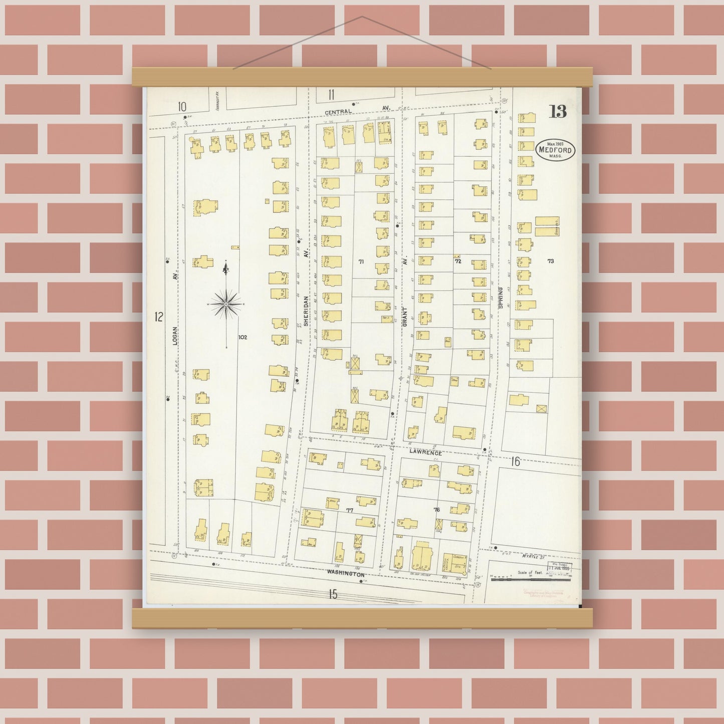 Old map wall art mockup — magnetic wood frame on brick wall — Sanborn Fire Insurance Map from Medford, Middlesex County, Massachusetts (1903), Sheet #0013