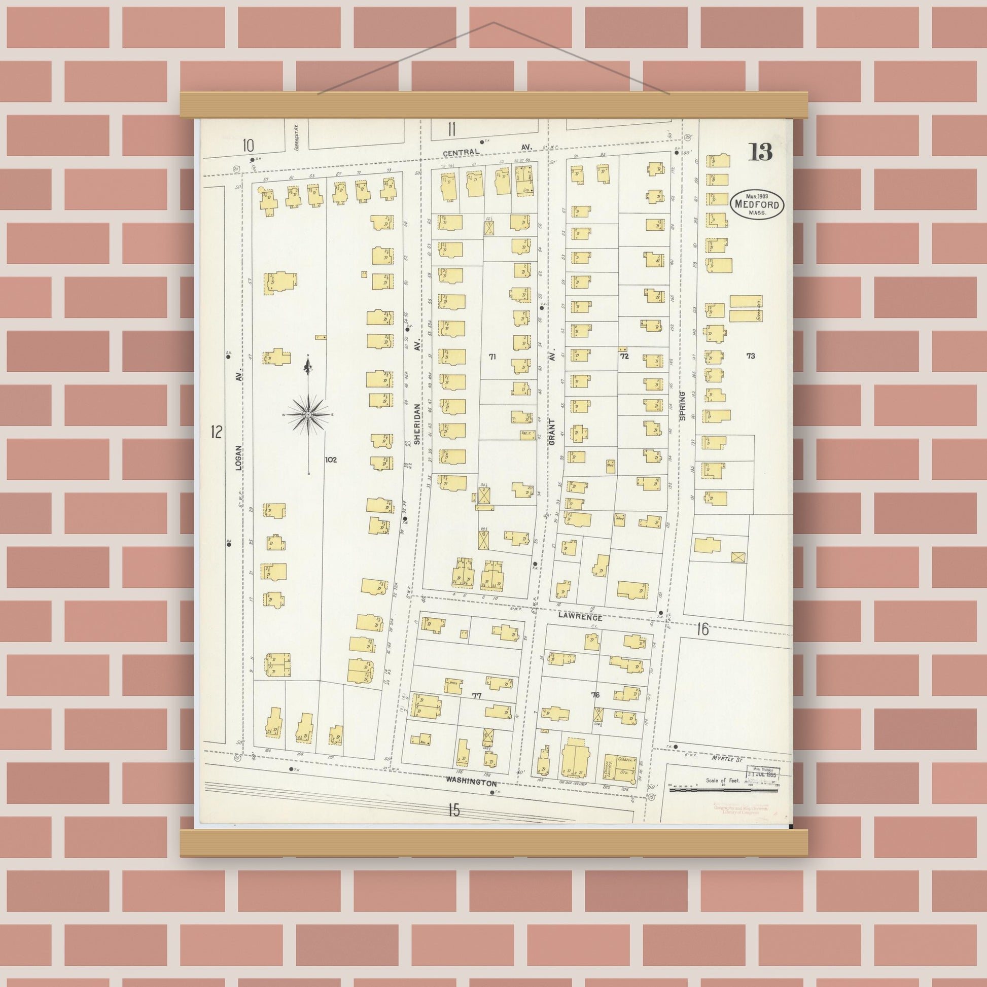 Old map wall art mockup — magnetic wood frame on brick wall — Sanborn Fire Insurance Map from Medford, Middlesex County, Massachusetts (1903), Sheet #0013