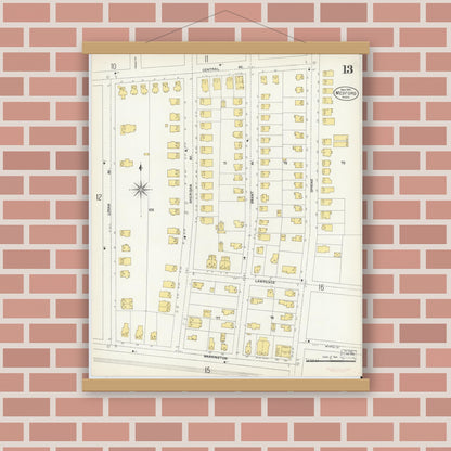 Old map wall art mockup — magnetic wood frame on brick wall — Sanborn Fire Insurance Map from Medford, Middlesex County, Massachusetts (1903), Sheet #0013