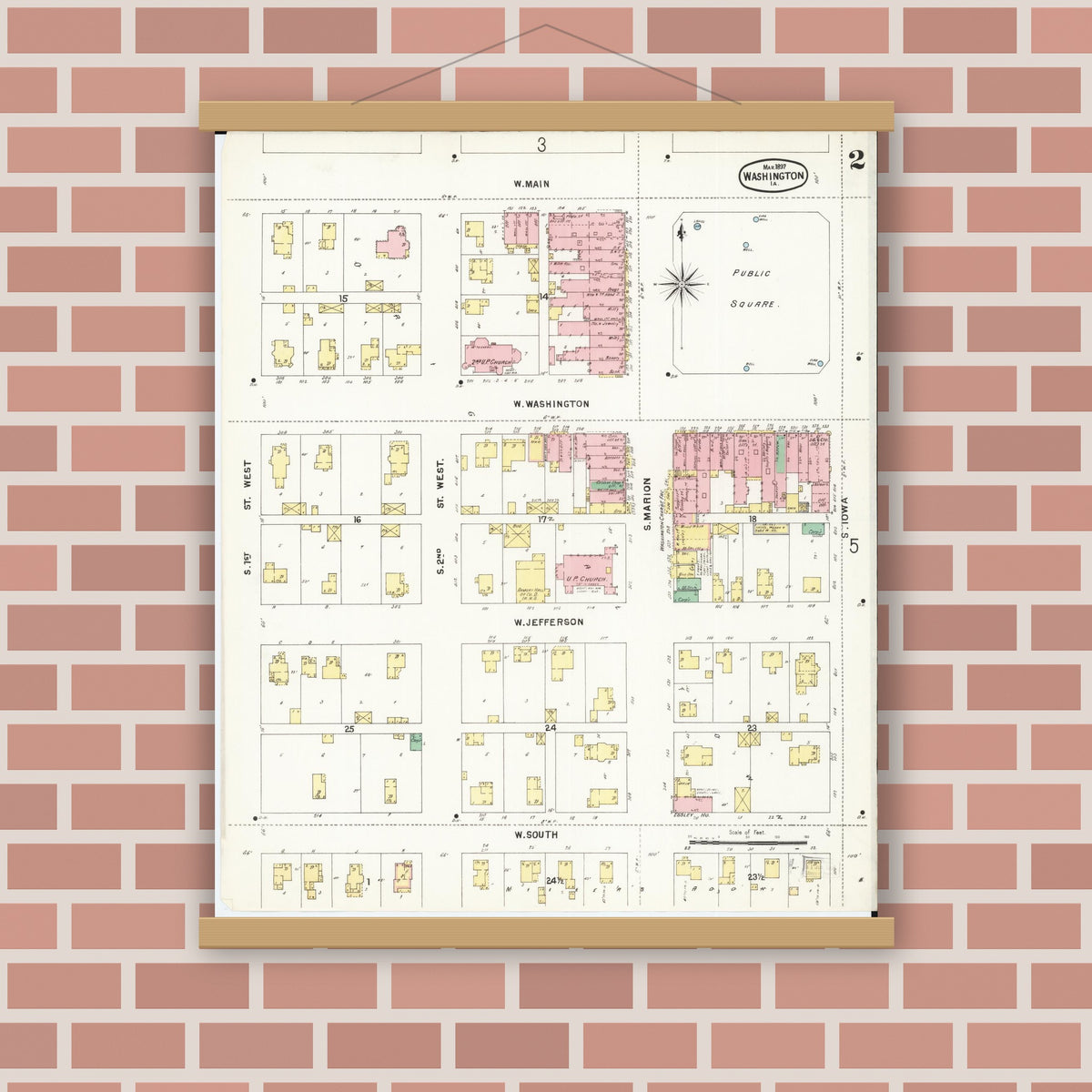 Old map wall art mockup — magnetic wood frame on brick wall — Sanborn Fire Insurance Map from Washington, Washington County, Iowa (1897), Sheet #0002