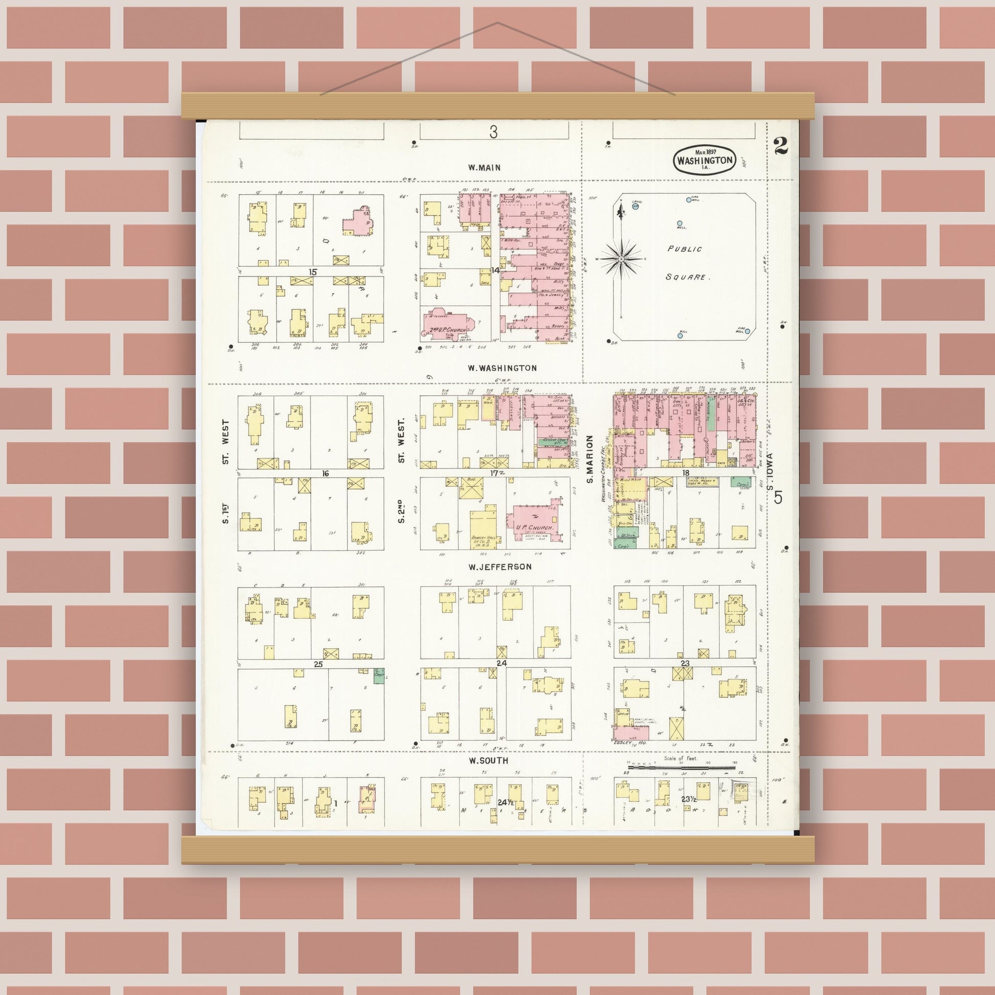 Old map wall art mockup — magnetic wood frame on brick wall — Sanborn Fire Insurance Map from Washington, Washington County, Iowa (1897), Sheet #0002