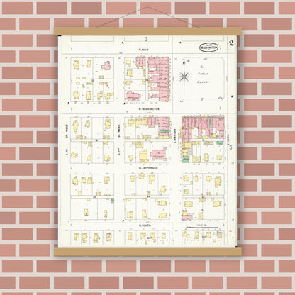Old map wall art mockup — magnetic wood frame on brick wall — Sanborn Fire Insurance Map from Washington, Washington County, Iowa (1897), Sheet #0002