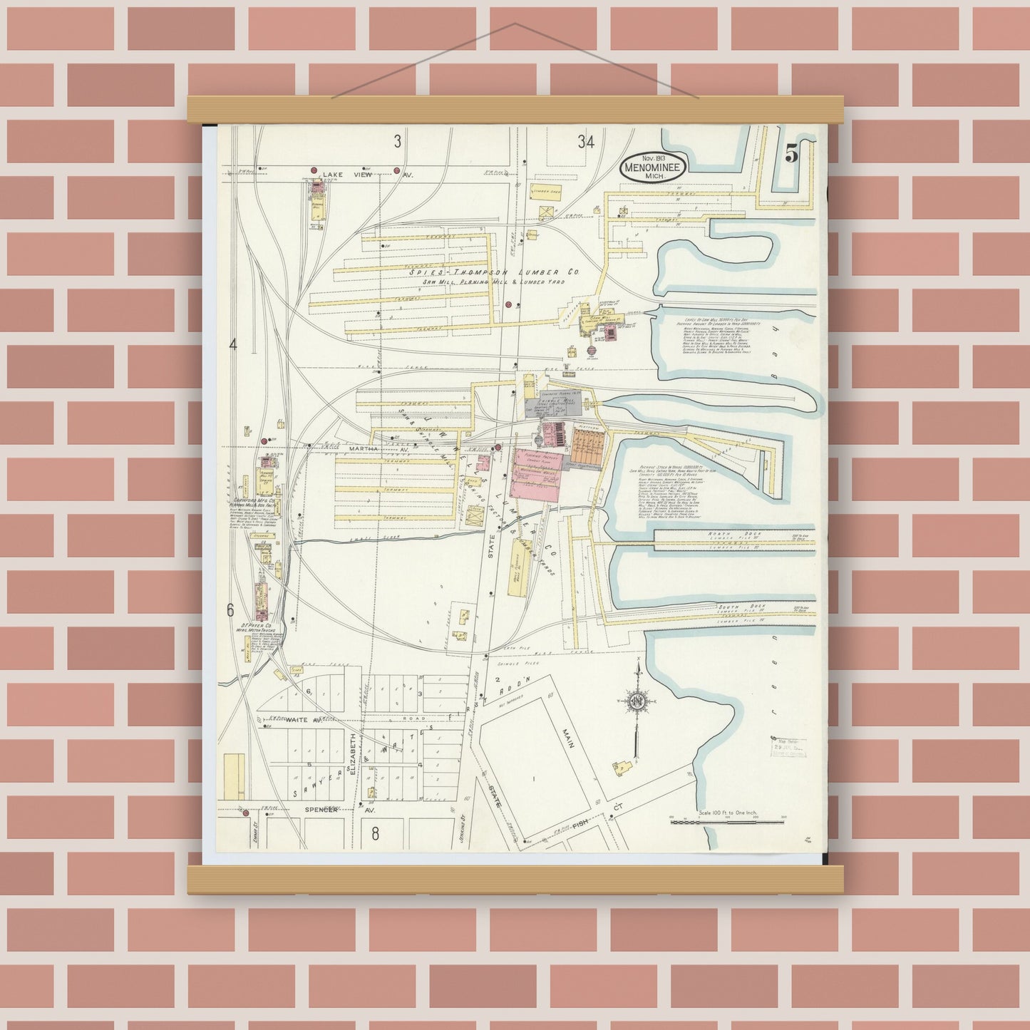 Old map wall art mockup — magnetic wood frame on brick wall — Sanborn Fire Insurance Map from Menominee, Menominee County, Michigan (1913), Sheet #0005