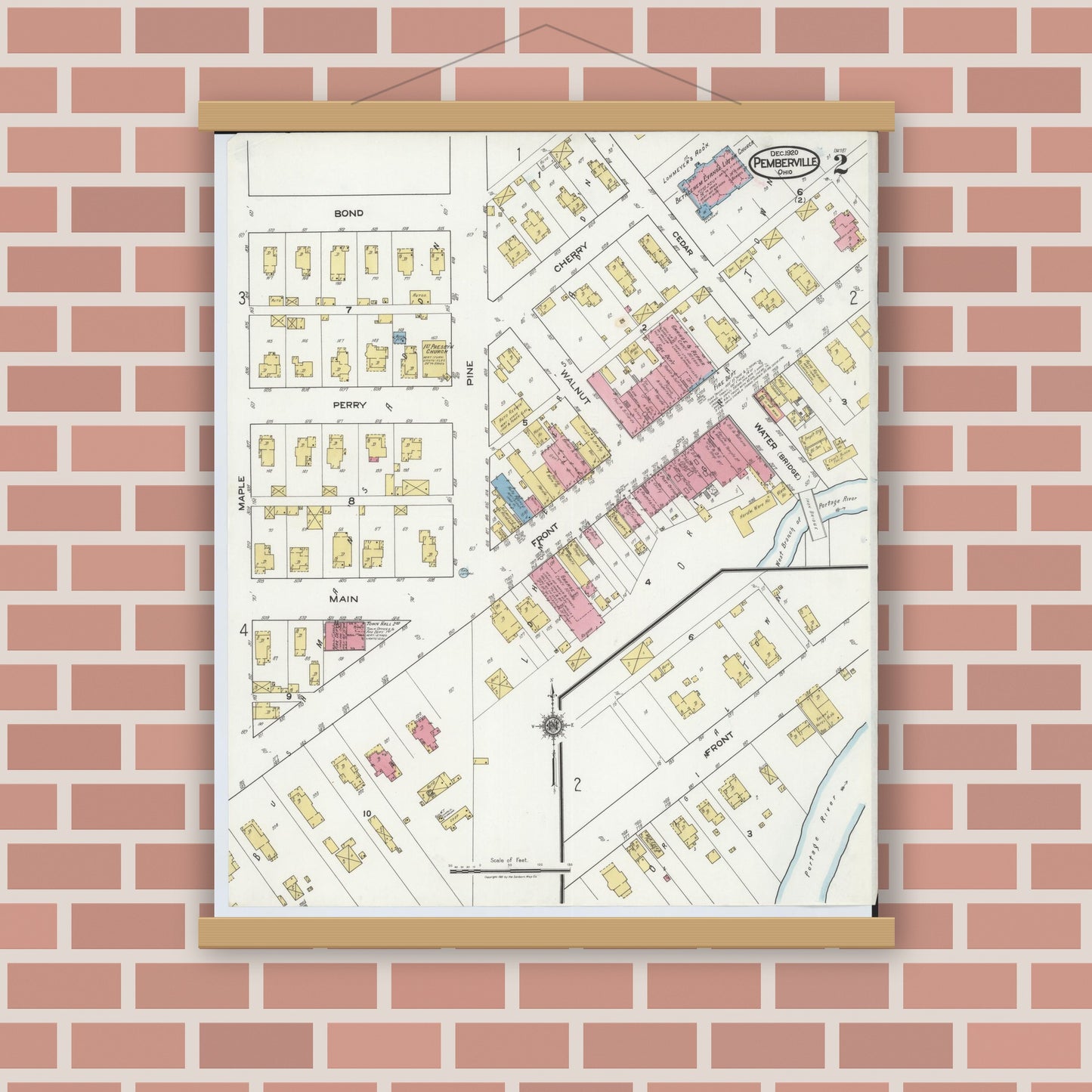 Old map wall art mockup — magnetic wood frame on brick wall — Sanborn Fire Insurance Map from Pemberville, Wood County, Ohio (1920), Sheet #0002