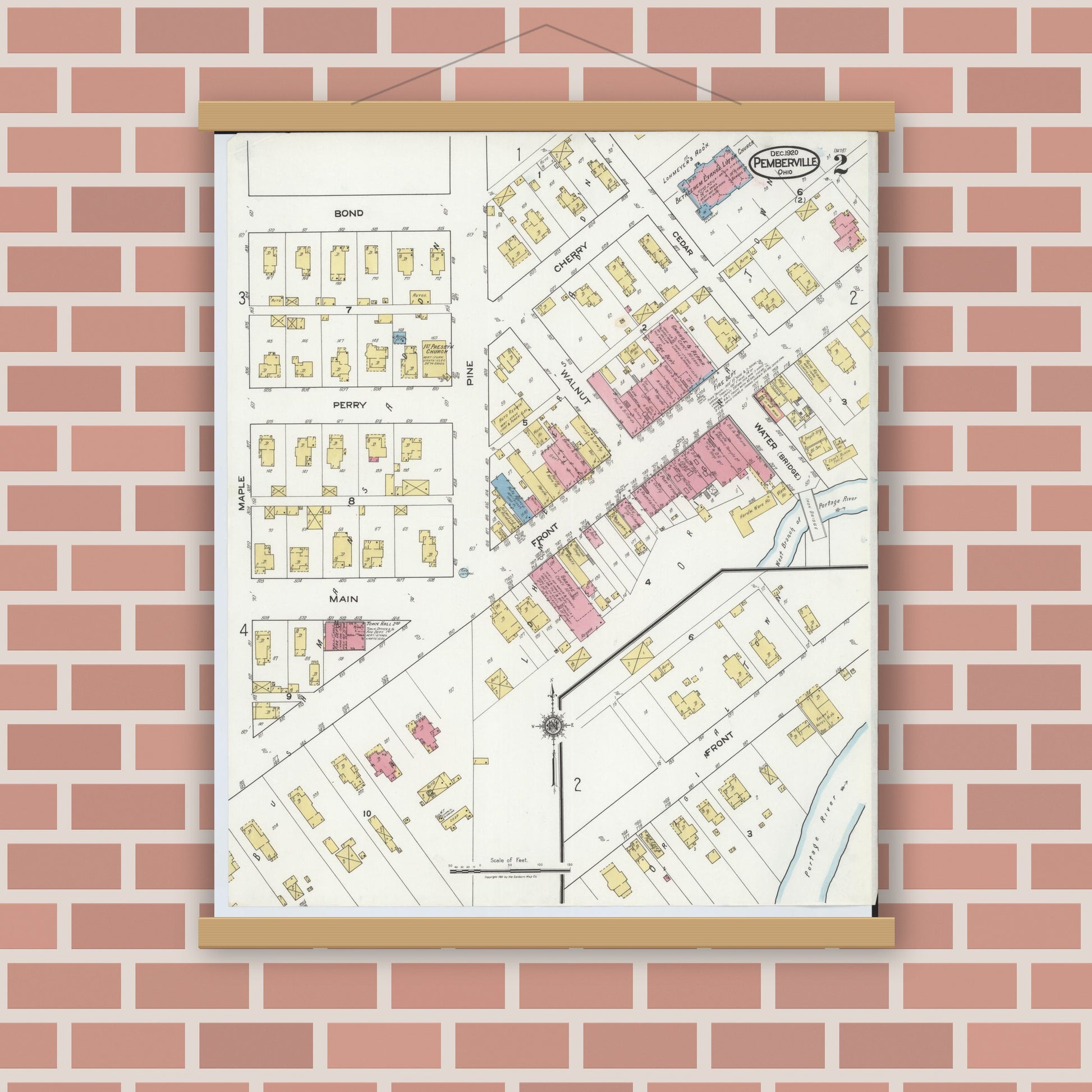 Old map wall art mockup — magnetic wood frame on brick wall — Sanborn Fire Insurance Map from Pemberville, Wood County, Ohio (1920), Sheet #0002