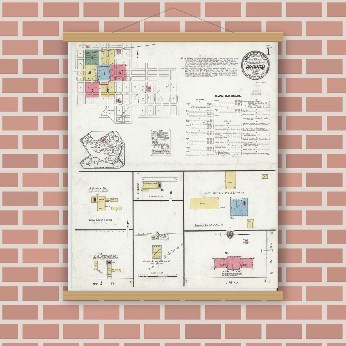 Old map wall art mockup — magnetic wood frame on brick wall — Sanborn Fire Insurance Map from Graham, Young County, Texas (1920) - Complete Map Set