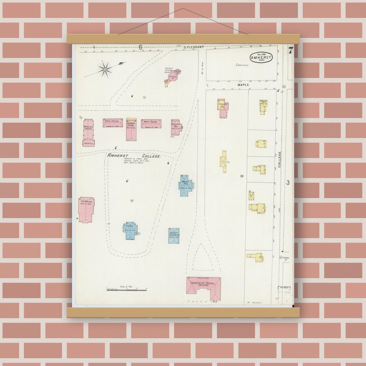 Old map wall art mockup — magnetic wood frame on brick wall — Sanborn Fire Insurance Map from Amherst, Hampshire County, Massachusetts (1896), Sheet #0007