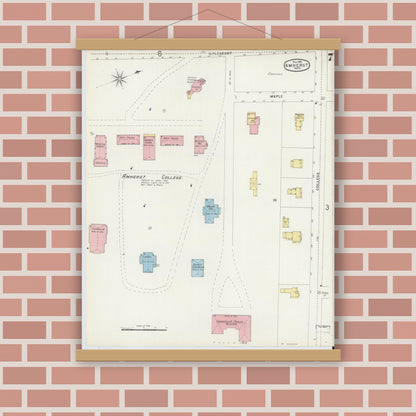 Old map wall art mockup — magnetic wood frame on brick wall — Sanborn Fire Insurance Map from Amherst, Hampshire County, Massachusetts (1896), Sheet #0007