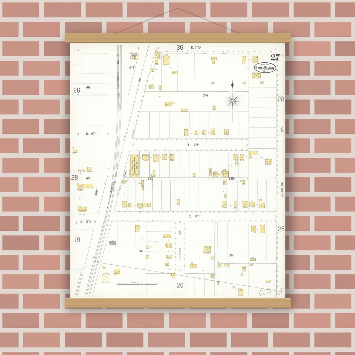 Old map wall art mockup — magnetic wood frame on brick wall — Sanborn Fire Insurance Map from Long Beach, Los Angeles County, California (1905), Sheet #0027