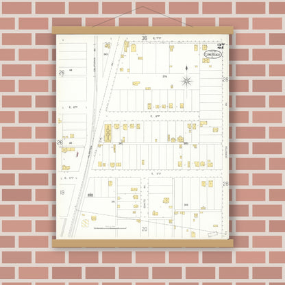 Old map wall art mockup — magnetic wood frame on brick wall — Sanborn Fire Insurance Map from Long Beach, Los Angeles County, California (1905), Sheet #0027