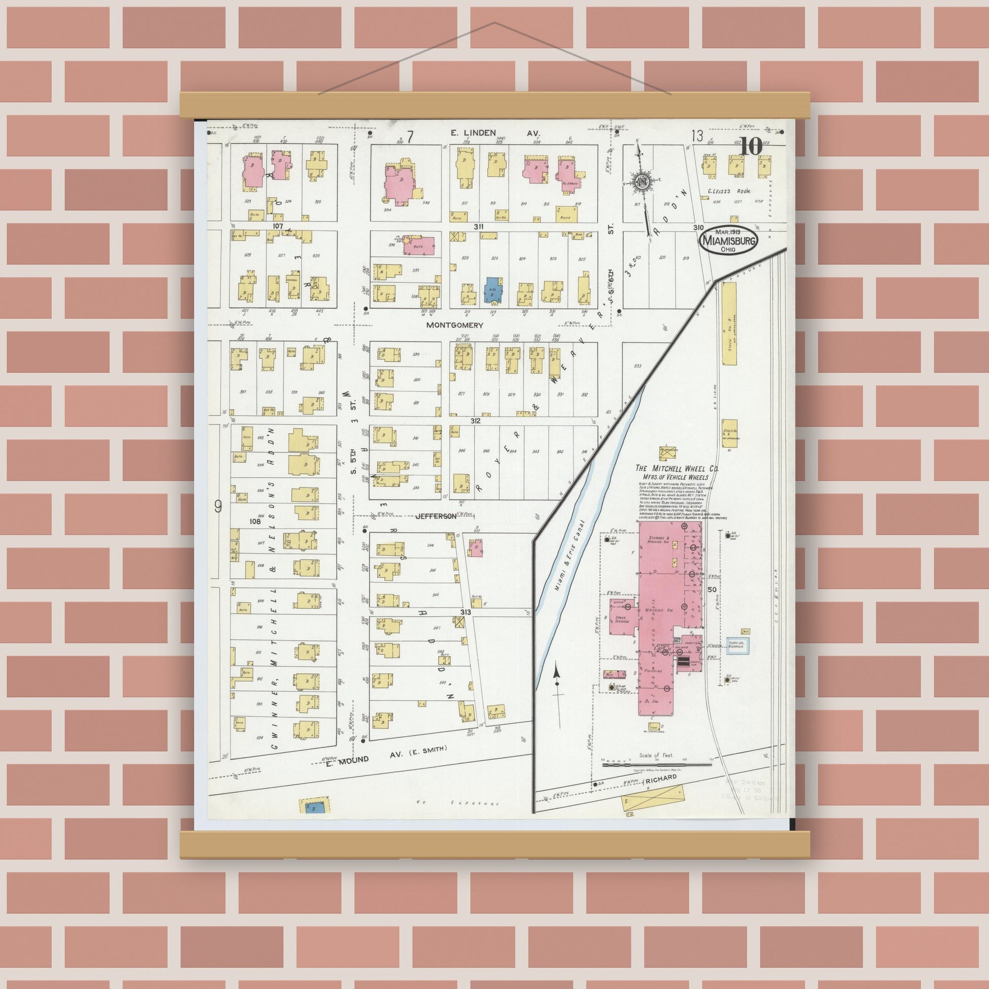 Old map wall art mockup — magnetic wood frame on brick wall — Sanborn Fire Insurance Map from Miamisburg, Montgomery County, Ohio (1919), Sheet #0010