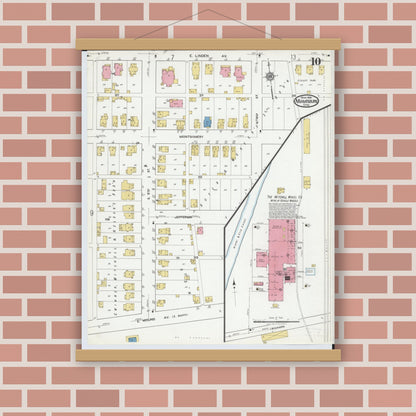 Old map wall art mockup — magnetic wood frame on brick wall — Sanborn Fire Insurance Map from Miamisburg, Montgomery County, Ohio (1919), Sheet #0010
