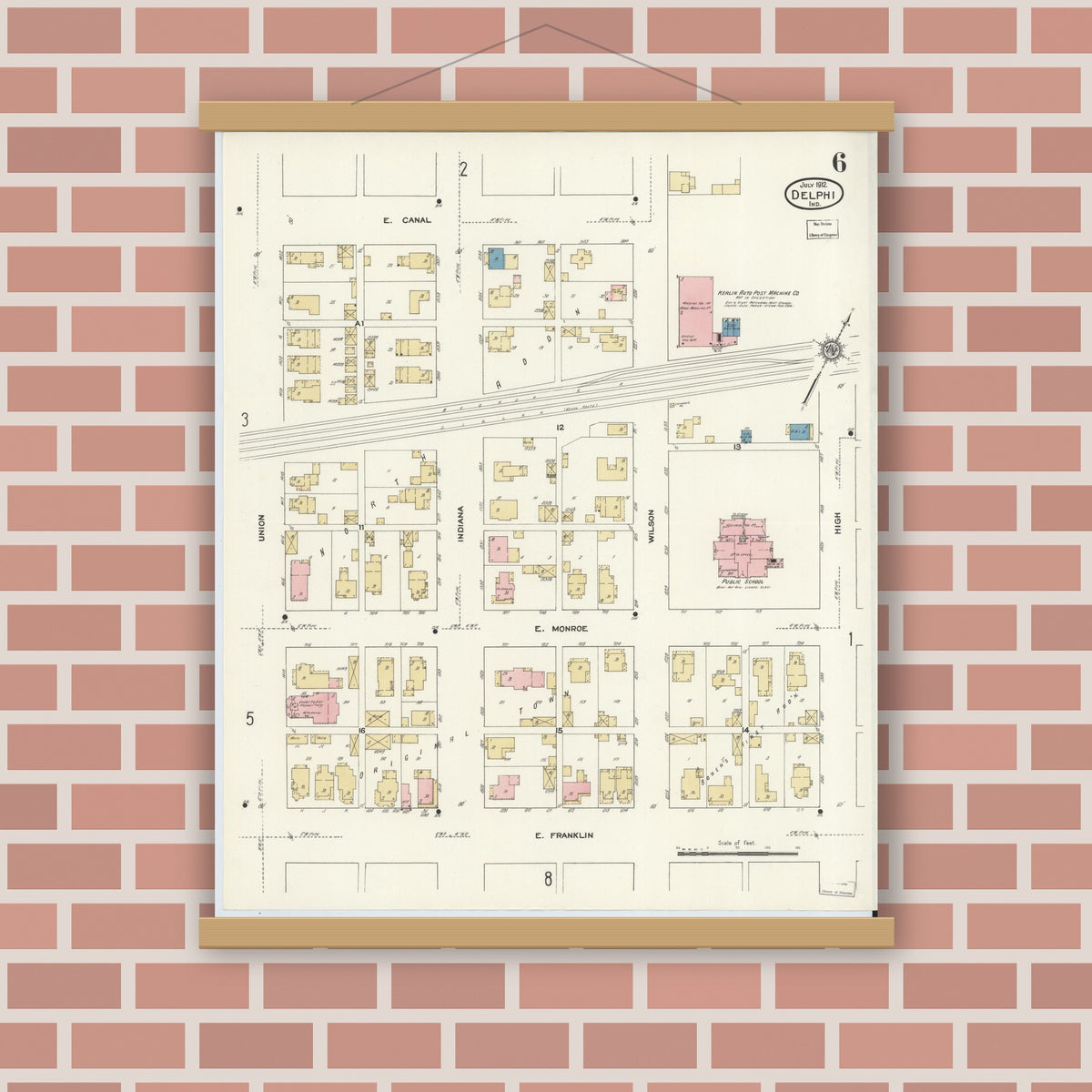 Old map wall art mockup — magnetic wood frame on brick wall — Sanborn Fire Insurance Map from Delphi, Carroll County, Indiana (1912), Sheet #0006