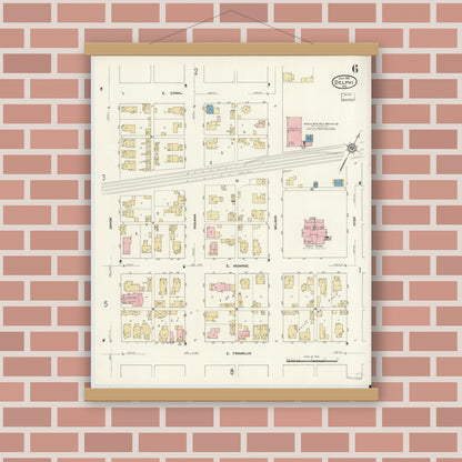 Old map wall art mockup — magnetic wood frame on brick wall — Sanborn Fire Insurance Map from Delphi, Carroll County, Indiana (1912), Sheet #0006