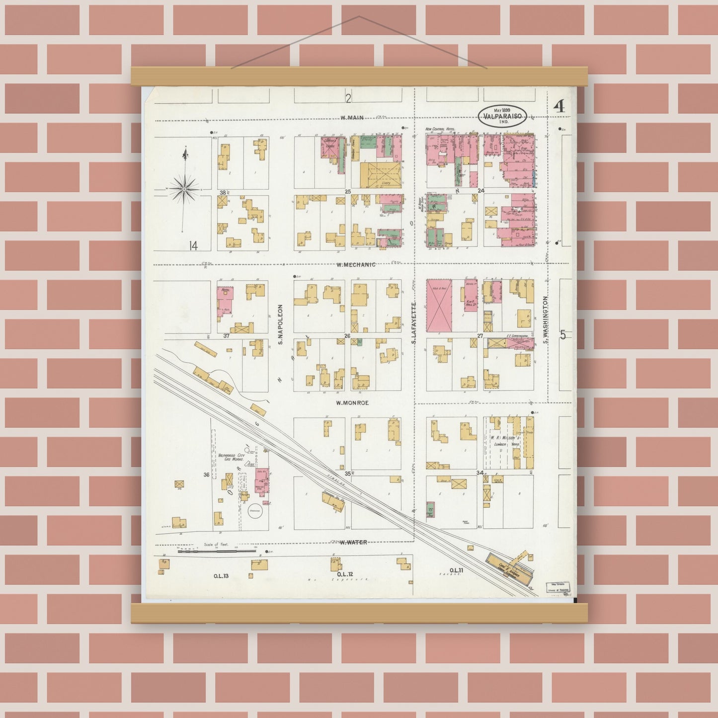 Old map wall art mockup — magnetic wood frame on brick wall — Sanborn Fire Insurance Map from Valparaiso, Porter County, Indiana (1899), Sheet #0004