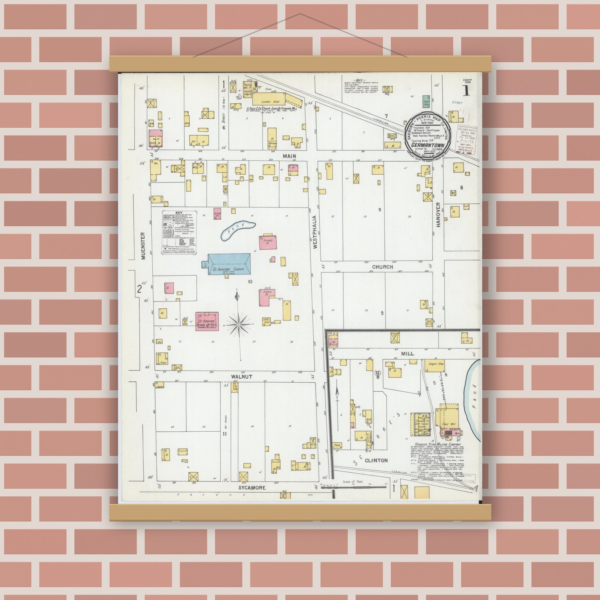 Old map wall art mockup — magnetic wood frame on brick wall — Sanborn Fire Insurance Map from Germantown, Clinton County, Illinois (1900), Sheet #0001