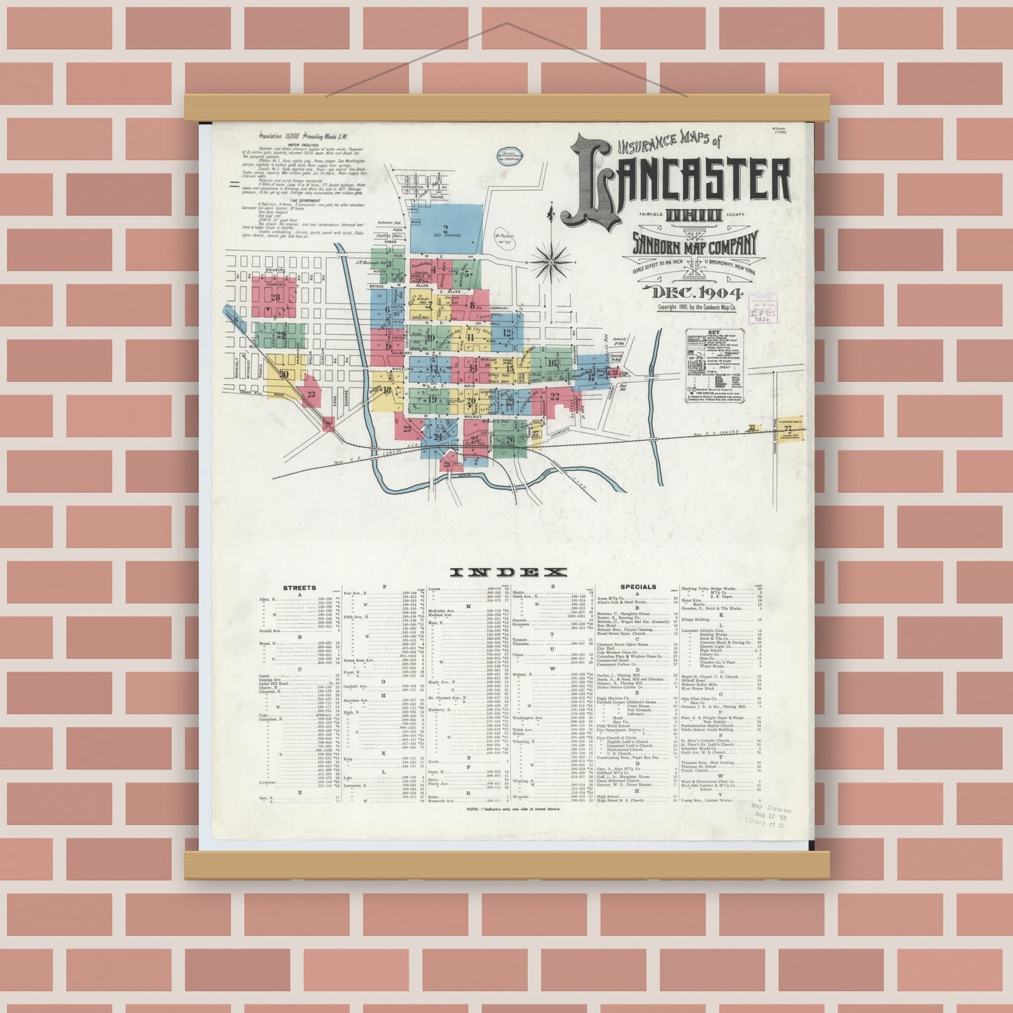 Old map wall art mockup — magnetic wood frame on brick wall — Sanborn Fire Insurance Map from Lancaster, Fairfield County, Ohio (1904) - Complete Map Set