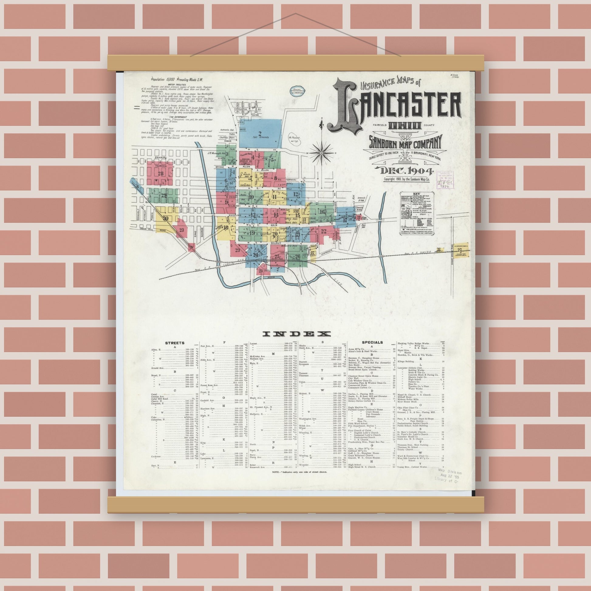 Old map wall art mockup — magnetic wood frame on brick wall — Sanborn Fire Insurance Map from Lancaster, Fairfield County, Ohio (1904) - Complete Map Set