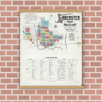 Old map wall art mockup — magnetic wood frame on brick wall — Sanborn Fire Insurance Map from Lancaster, Fairfield County, Ohio (1904) - Complete Map Set