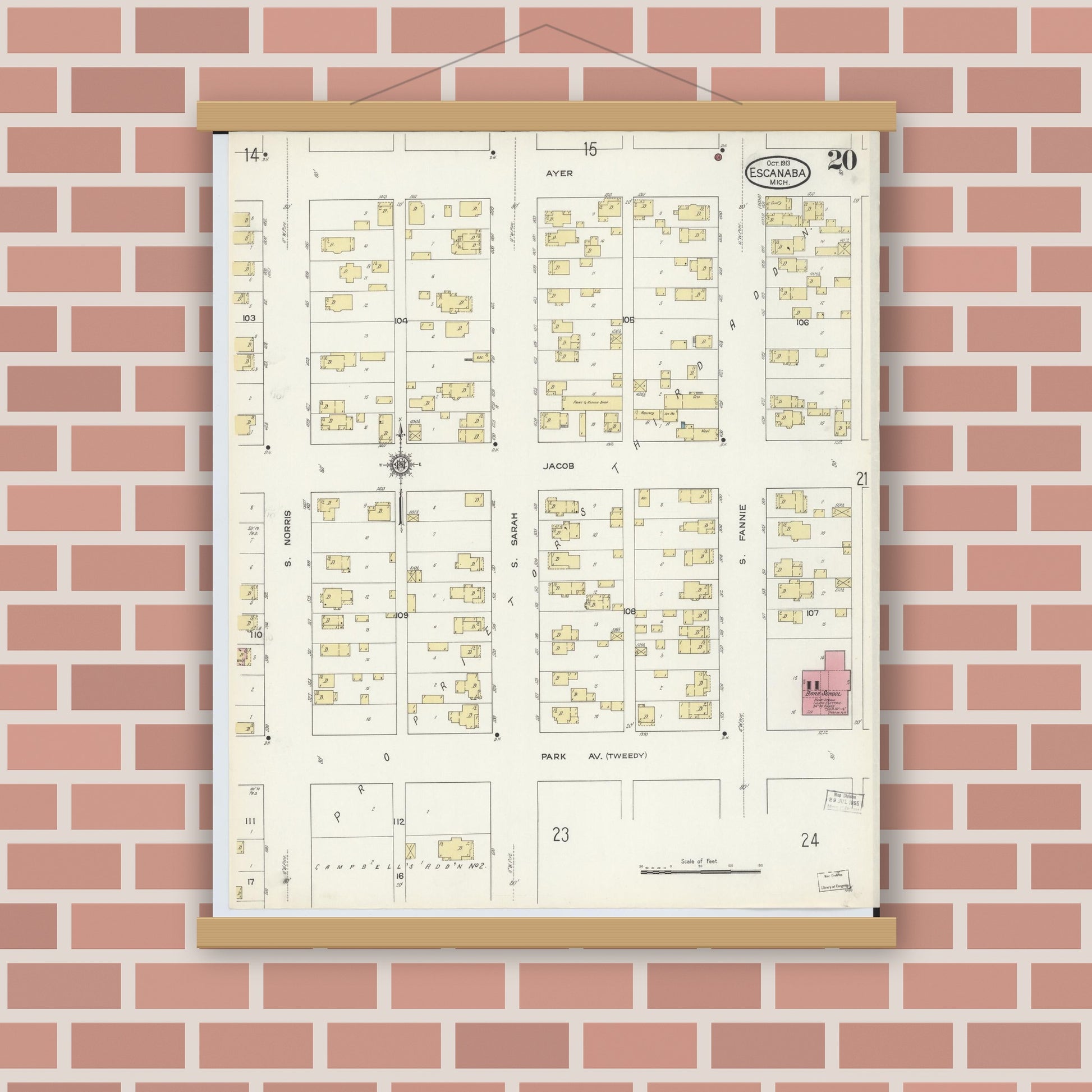Old map wall art mockup — magnetic wood frame on brick wall — Sanborn Fire Insurance Map from Escanaba, Delta County, Michigan (1913), Sheet #0020