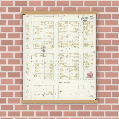 Old map wall art mockup — magnetic wood frame on brick wall — Sanborn Fire Insurance Map from Escanaba, Delta County, Michigan (1913), Sheet #0020