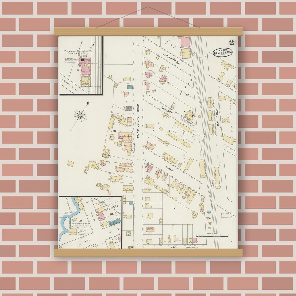 Old map wall art mockup — magnetic wood frame on brick wall — Sanborn Fire Insurance Map from Kewaskum, Washington County, Wisconsin (1894), Sheet #0002