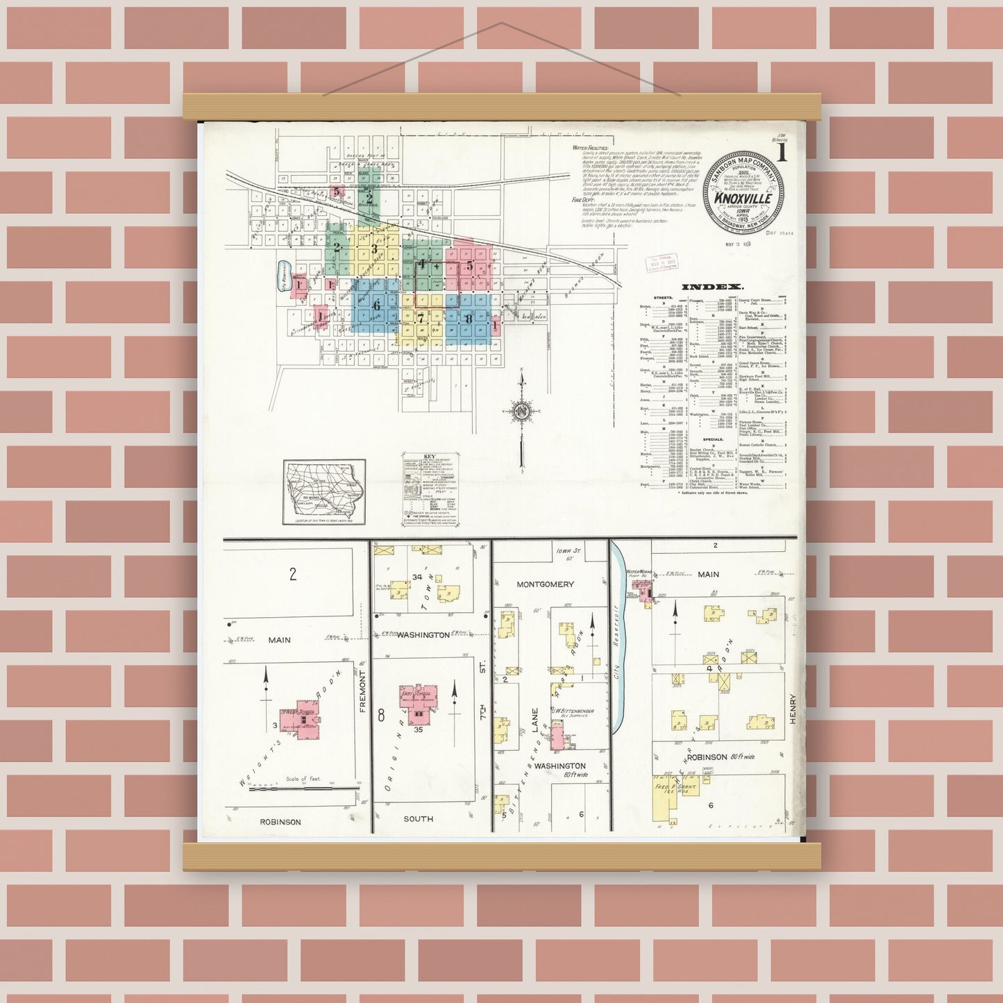 Old map wall art mockup — magnetic wood frame on brick wall — Sanborn Fire Insurance Map from Knoxville, Marion County, Iowa (1913) â€” Complete Set