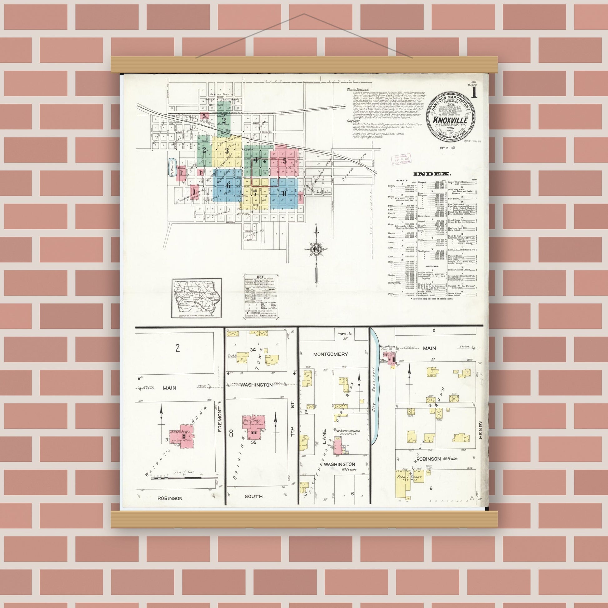 Old map wall art mockup — magnetic wood frame on brick wall — Sanborn Fire Insurance Map from Knoxville, Marion County, Iowa (1913) â€” Complete Set