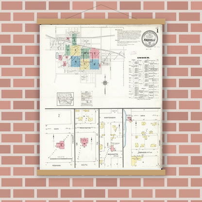 Old map wall art mockup — magnetic wood frame on brick wall — Sanborn Fire Insurance Map from Knoxville, Marion County, Iowa (1913) â€” Complete Set